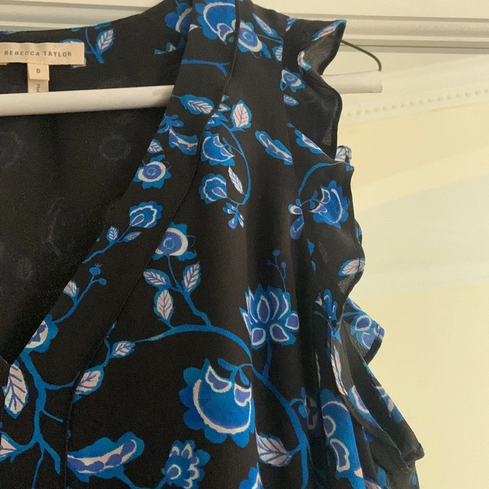 Rebecca Taylor vneck bright blue and black floral vneck silk dress with ruffles8